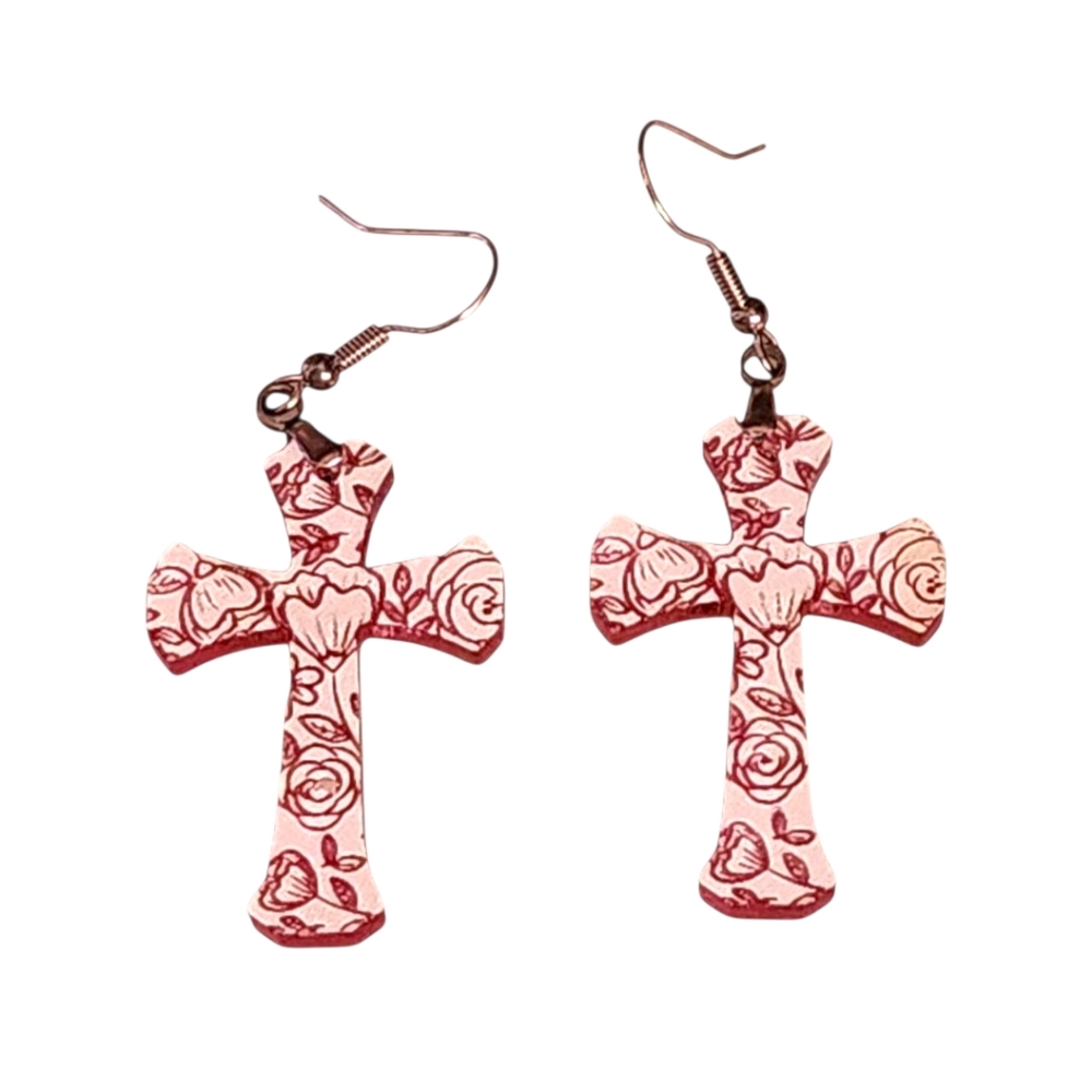 Pink Grace Cross Wood Drop Earrings